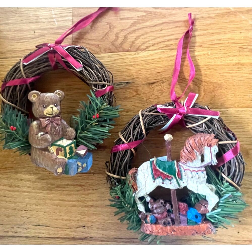 Vintage Russ Berrie Teddy Bear Carousel Horse Christmas Ornament Set Taiwan